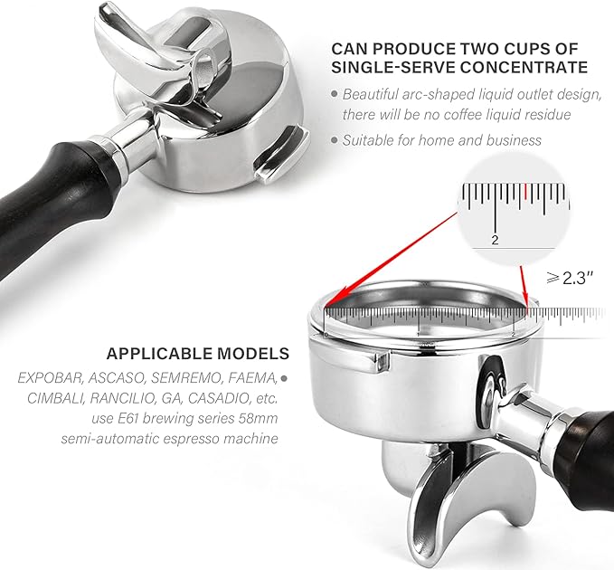 58mm Espresso Double Spouts Portafilter with 2 Ear | Fits E61 | Flair/Rocket/Sanremo/Expobar etc. | Stainless Steel Basket and Solid Wood Handle | Espresso Accessories