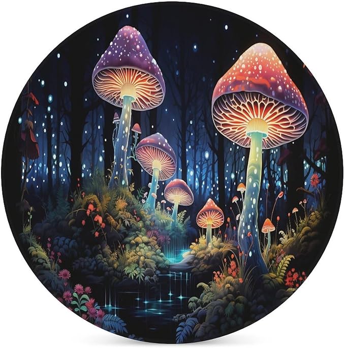 Botanical Drink Coasters, Round Ceramic Drink Coaster Round-4PCS, Fantasy Colorful Cartoon Style Abstract Mushroom Print Decor Absorbent Ceramic Coasters for Beverage Cup, Bar, Coffee Table