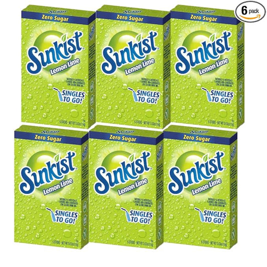 Sunkist Singles-To-Go Drink Mix, Lemon-Lime, Non-Carbonated, Low-Calorie, Zero Sugar, 6 CT in each box (Pack of 6)