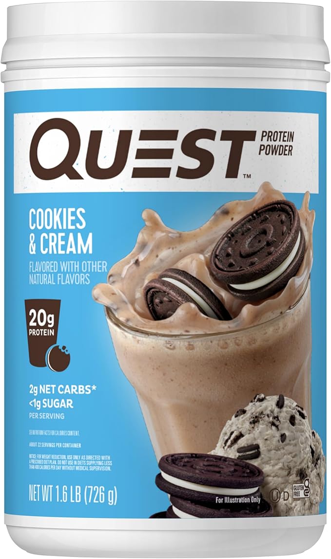 Quest Nutrition Cookies & Cream Protein Powder, 20g Protein, 1g Sugar, Low Carb, Gluten Free, 1.6 Pound, 24 Servings
