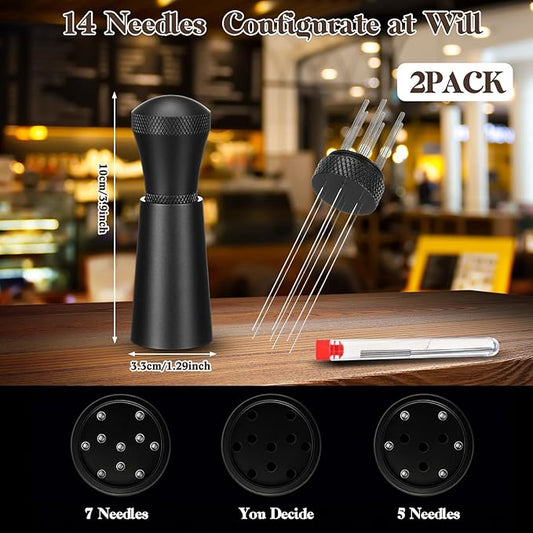2 Pcs Coffee Stirrer Tool Wdt Espresso Distribution Tool 0.35mm 7 Needles Coffee Stirring Tamper Aluminum Alloy Espresso Machine Accessories with 14 304 Stainless Steel Needles for Barista Cafes Gift