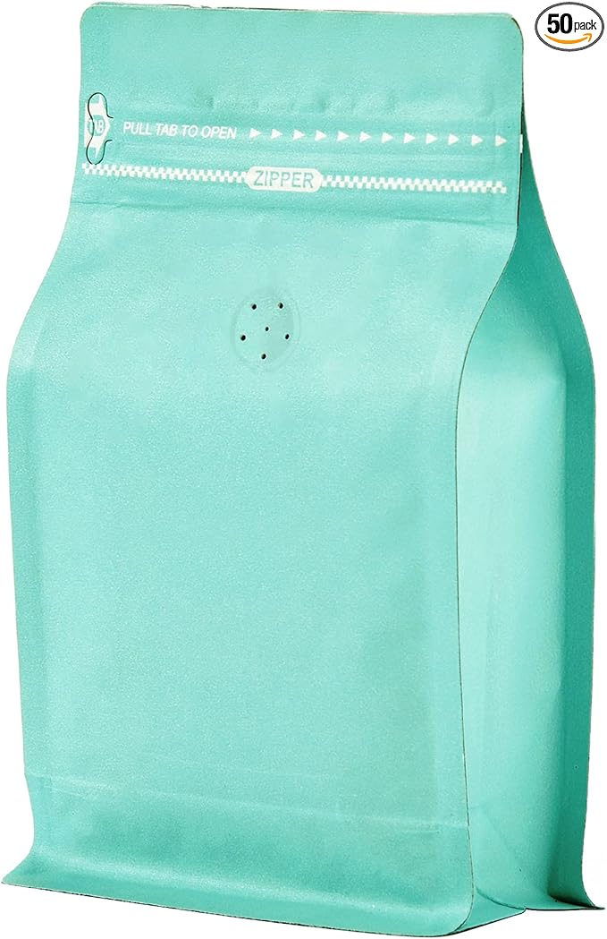 50 Count 16 Ounce Green Blue Kraft Paper Coffee Bags with Air Release Valve, High Barrier Coffee Pouches for Home, Store, Flat Bottom (50pcs/16oz, 1lb, 500g)