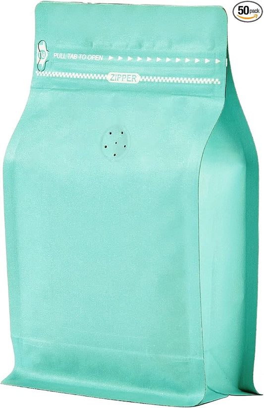 50 Count 16 Ounce Green Blue Kraft Paper Coffee Bags with Air Release Valve, High Barrier Coffee Pouches for Home, Store, Flat Bottom (50pcs/16oz, 1lb, 500g)