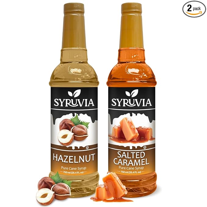 Syruvia Coffee Syrup Variety Pack - Hazelnut & Salted Caramel- Gluten - Free, Kosher, 25.4 fl oz Bottles - Enhance Your Coffee Experience with Premium Flavoring Syrups