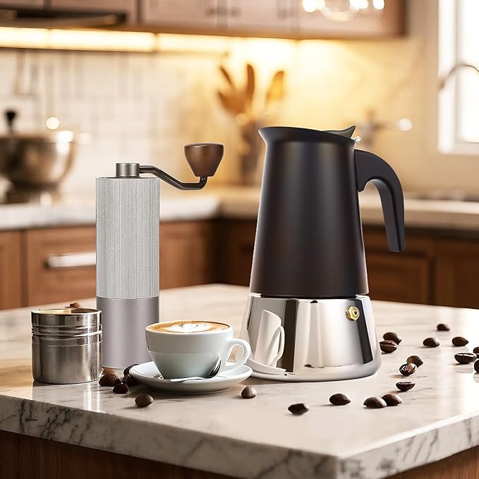 Suiitat Moka Pot, 6 Cups (10.6 oz) Stovetop Espresso Maker, 304 Stainless Steel Moka Pot, Induction Compatible, Black