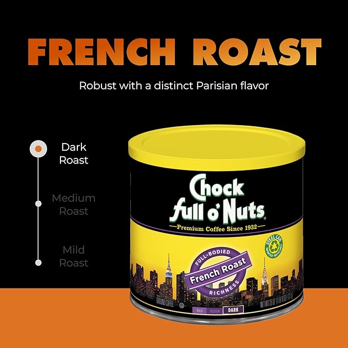 Chock Full o' Nuts French Roast Ground Coffee – Premium Beans in Recyclable Steel Can – Rich Flavor & Aroma, Dark Roast – Perfect for Drip, Pour-Over, Percolator – 26 Oz Can