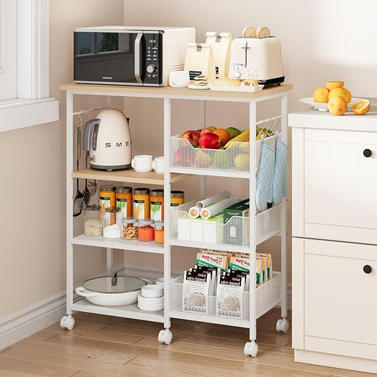 SWTYMIKI Kitchen Island Cart on Wheels - 28.35x14.57in Rolling Kitchen Table Cart with Storage Shelves, 6 Removable Hooks& Locking Casters, Coffee Bar Cabinet for Dining Room Pantry Office, White