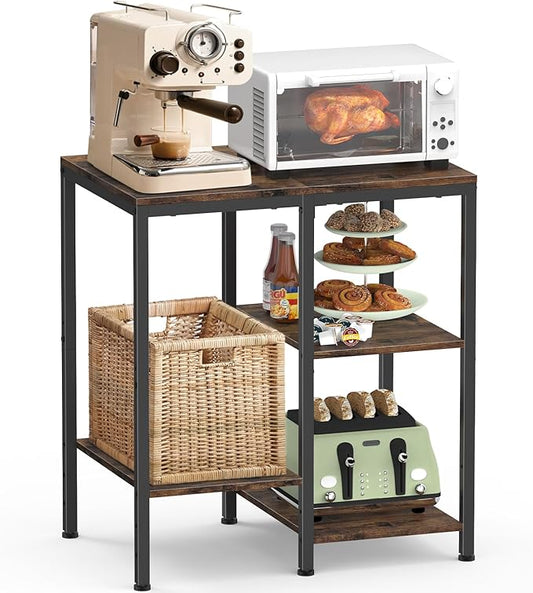 Kitchen Microwave Stand,4-Tier Adjustable Bakers Rack, Microwave Cart with Storage, Small Coffee Bar Table Appliance Shelf for Living Room,Office,Rustic Brown