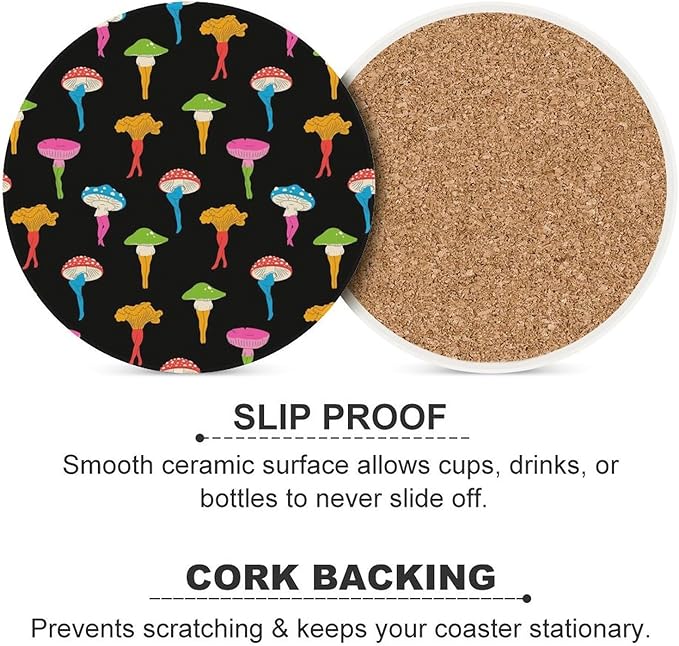 Round-4PCS Botanical Ceramic Coasters, Round Absorbent Drink Coasters, Cartoon Botanical Colorful Mushroom Pattern Ceramic Table Coasters for Coffee, Beverage, Wine, Beer Coasters