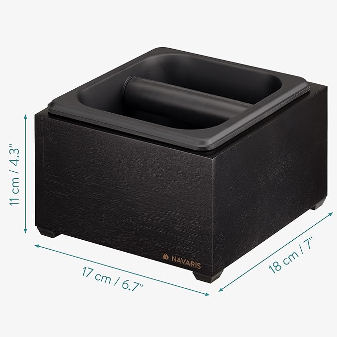 Navaris Coffee Knock Box - Stainless Steel and Wood Bin for Espresso Machine Grounds - With Silicone Bar for Knocking Portafilter Filter Grinds - Black/Black