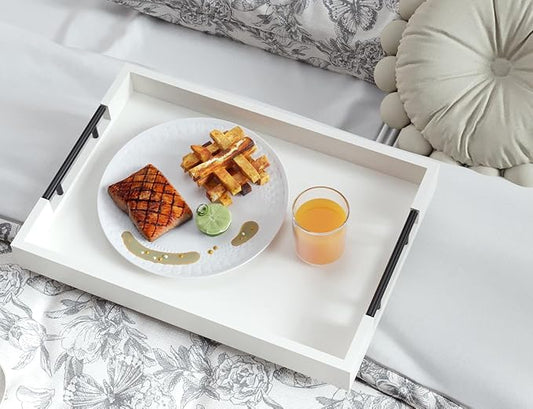 Bamboo Set of 2 Serving Tray with Metal Handles,Ottoman Decorative Trays Platter for Coffee Table,Living Room,Bar,Party(White)