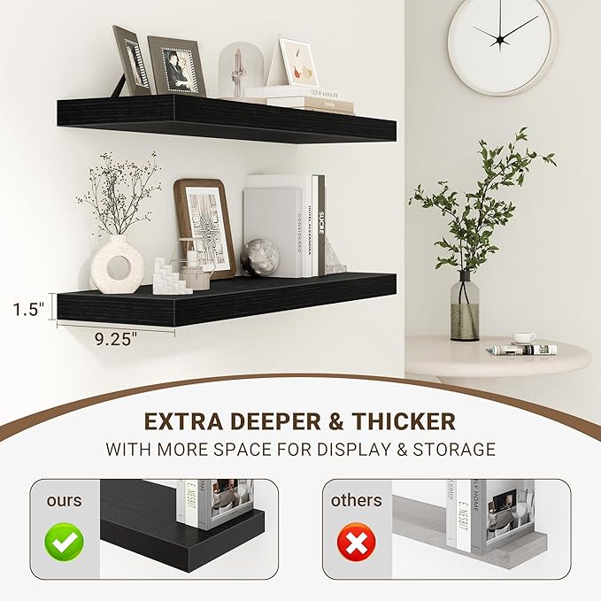 16 Inch Floating Shelves, 16"x9.25"x1.5" Inch Deep Floating Shelves for Wall, Wooden Shelves for Bathroom, Bedroom, Living Room, Black