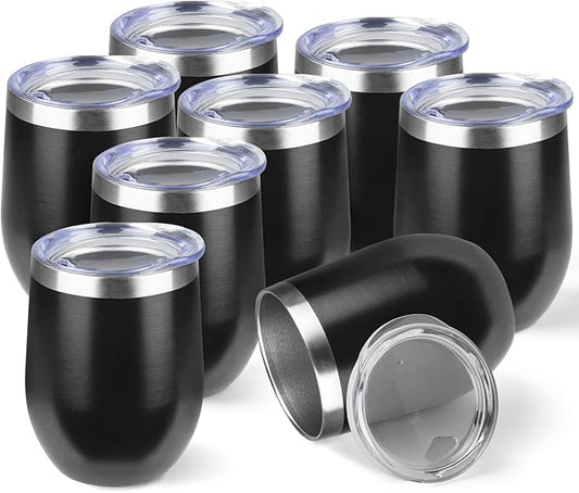 StarSpeed 12oz/8 Pack Wine Tumbler with lid, Stainless Steel Travel Mugs Stemless Double Wall Insulated Coffee Cup, Insulated Wine Glasses Travel Tumbler for Cold & Hot Drinks(Black, 8)