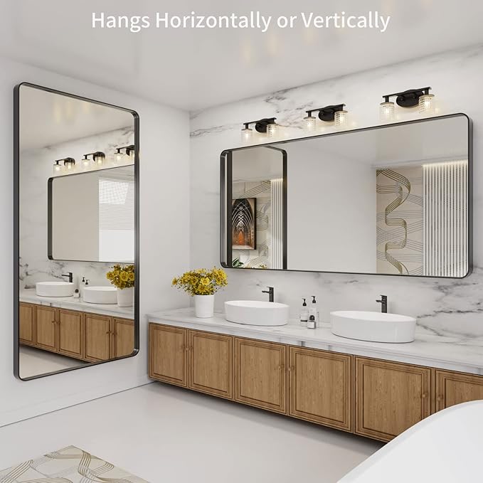 LOAAO Black Metal Framed Bathroom Mirror for Wall, Large 72X32 Inch Rounded Rectangle Mirror, Matte Black Bathroom Vanity Mirror Farmhouse, Anti-Rust, Tempered Glass, Hangs Horizontally or Vertically