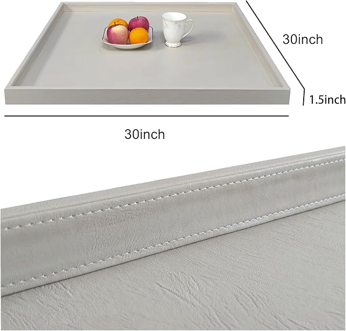 30 * 30 inches Luxury Leather Square Oversized Service Tray, Ottoman & Coffee Tray for Family Dinner, Out-of-House Picnic & Party (30 inch Beige)