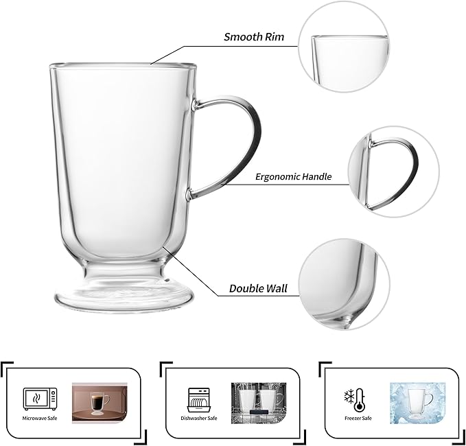 NIRA.Z 12.5 OZ Double Walled Glass Coffee Mugs with Handle Set of 4 Clear Insulated Irish Coffee Cups Hand Blown Glass Cups for Hot Cold Beverages, Cappuccino, Latte, Tea, Espresso, Juice, Americano