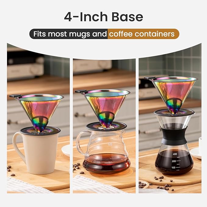 【2.0 Upgraded】 Stainless Steel Pour Over Coffee Filter, Paperless Reusable Coffee Dripper With Non-Slip Ring&Handle, Easy-to-Use and Easy-to-Clean Design, Large Size (1–6 Cup)