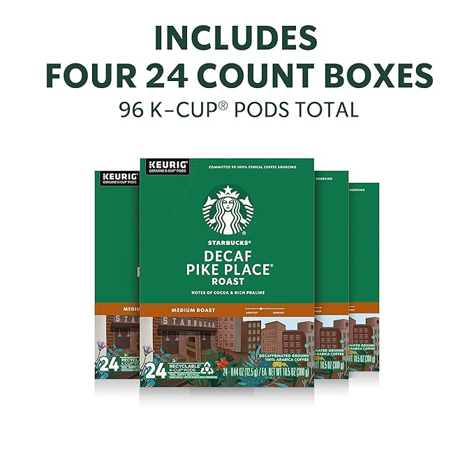 Starbucks K-Cup Coffee Pods, Medium Roast Hot or Iced Coffee, Decaf Pike Place Roast, 96 Keurig Pods