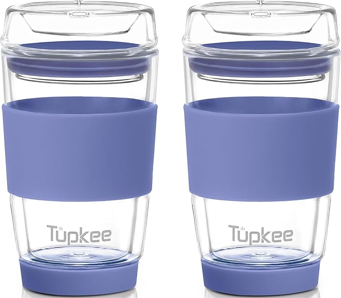 Tupkee Double Wall All Glass Tumbler - 8-Ounce, Reusable Insulated Tea/Coffee Mug & Lid, Hand Blown Glass Travel Mug - Jacaranda - 2 Pack