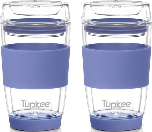 Tupkee Double Wall All Glass Tumbler - 8-Ounce, Reusable Insulated Tea/Coffee Mug & Lid, Hand Blown Glass Travel Mug - Jacaranda - 2 Pack