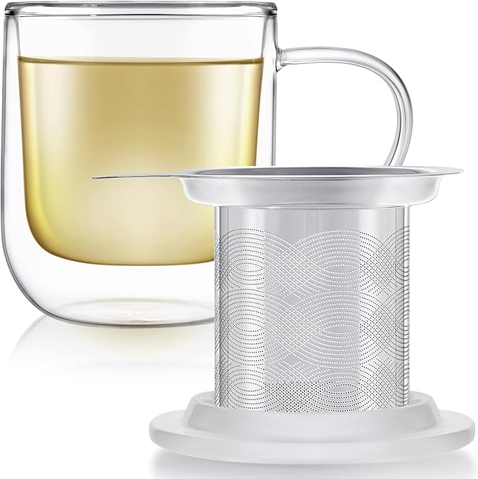 Teabloom Tea-For-One Steeping Mug – Insulated Double Wall Glass Mug (12 oz), Stainless Steel Infuser, Porcelain Lid/Coaster – Radiance Brewing Mug
