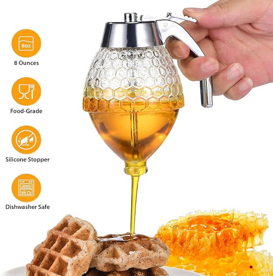 Honey Dispenser, 8oz Hunnibi Honey Container Dispenser No Drip Glass With Stand, Bee Container & Coffee Syrup Jar For Tea Time & Gifting, Elegant Comb Pot Bottle For Maple Syrup Bee