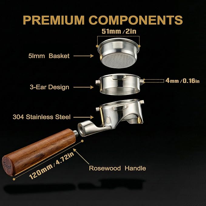 51mm 3 Ear Bottomless Portafilter for CASABREWS CM5418 & 3700 Series Espresso Machines - Rosewood Handle with 304 Stainless Steel Filter Basket
