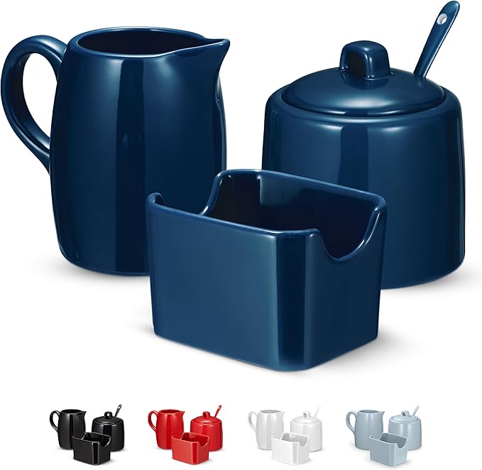 KooK Sugar and Creamer Set, 3 Piece, Pitcher, Sugar Bowl with Lid and Spoon, Sweetener Holder (Navy)
