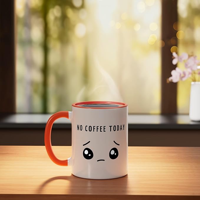 No Coffee Today - Minimalist Sad Face Caffeine Lover Ceramic Mug, Orange/White