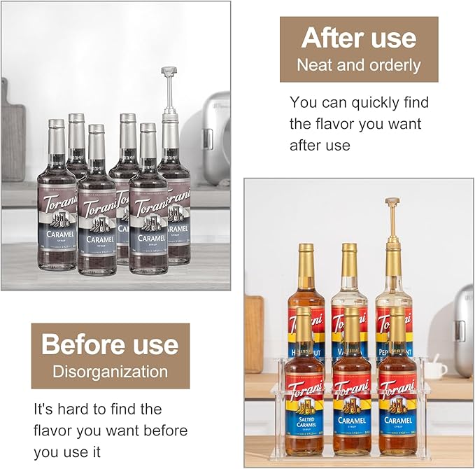 ODPEOZT Acrylic Coffee Syrup Organizer, 2 Tier Coffee Syrup Rack (6 Bottle Capacity), Syrup Bottle Holder Stand for Coffee Bar, Kitchen Countertop Syrups, Condiments and Wine (Transparent)