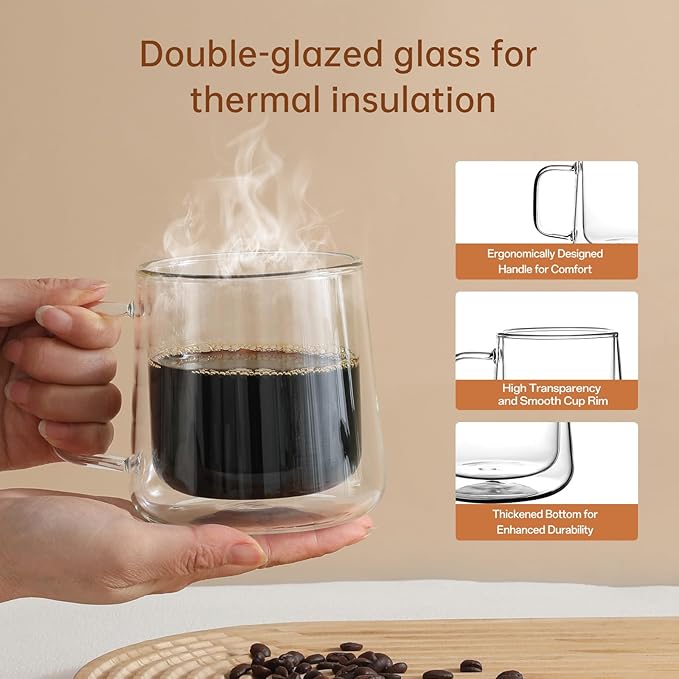 Aurzen 13oz Glass Coffee Mugs,Double Wall Insulated Glass Cups with Handle,Clear Espresso Mugs for Latte,Cappuccino,Tea Bag (4, 13oz)