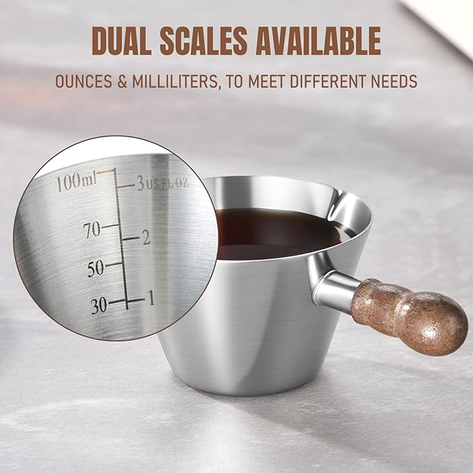 Stainless Steel Espresso Cups Set of 2, 3 OZ Double Spout Glass Measuring Cup with Handle, Milk Frothing Pitcher with Spout & Scale, Espresso Accessories for Coffee, Latte Art and Kitchen Use