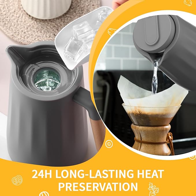 2 Pcs 34 oz Thermal Coffee Carafe for Keeping Hot/Cold Double Wall Vacuum Carafe with Insulated Glass Liner and Wood Handle Coffee Pot Container for Drinks Milk Tea Chocolates(Gray)