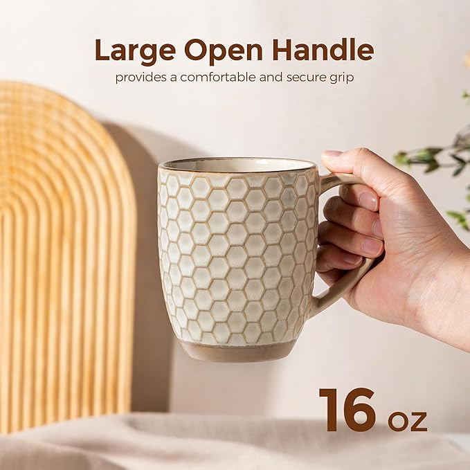 GBhome Large Coffee Mugs Set of 4, 16oz Handmade Embossed Coffee Mugs Set with Large Handle for Cappuccino/Latte/Tea/Hot Cocoa, Dishwasher & Microwave Safe, Khaki