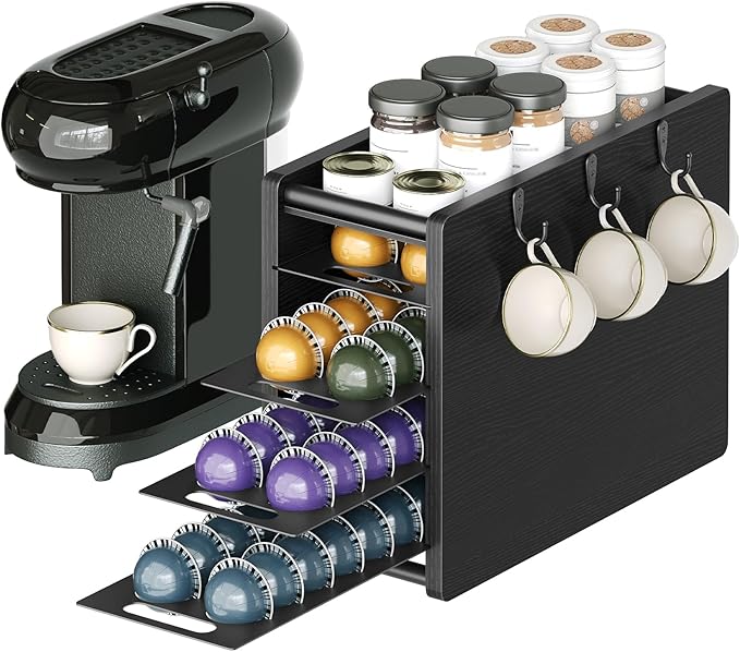 Coffee Pod Drawer Holder, 72 Pods Large Capacity, 4 Tier Holder for Vertuo, Coffee Pod Organizer for Countertop, Storage Rack for Nespresso Vertuo Pods, Space Saving, Black KH06BB