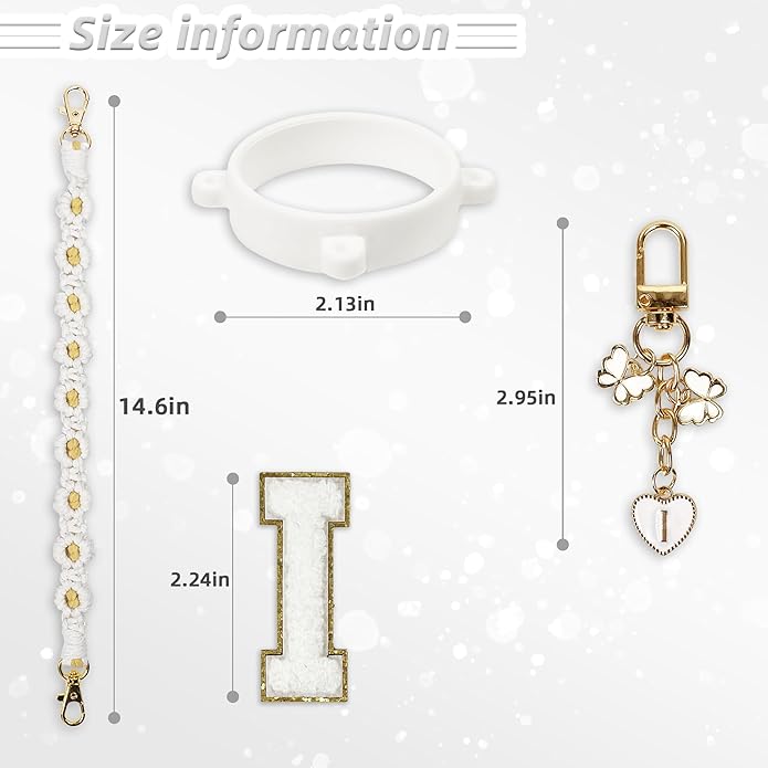 Compatible with Owala Water Bottle Accessories, Cute Letter Charm Set with Boho Handle Strap, Monogram Sticker, Silicone Ring, Keychain Decoration, for FreeSip 24 32 40oz, Owala Kids, Tumbler Gift