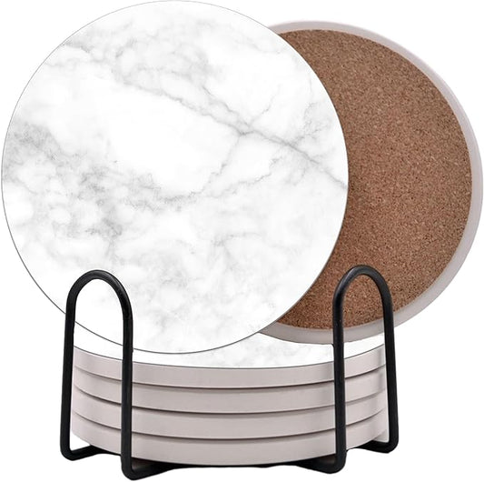 White Agate Marble Round Coasters Set of 6 - Abosrbent Ceramic Coasters with Metal Stand for Drinks, Coffee, Non-Slip Cork Back for Tabletop Protection, 4 Inches Marbled Pattern (Marble)