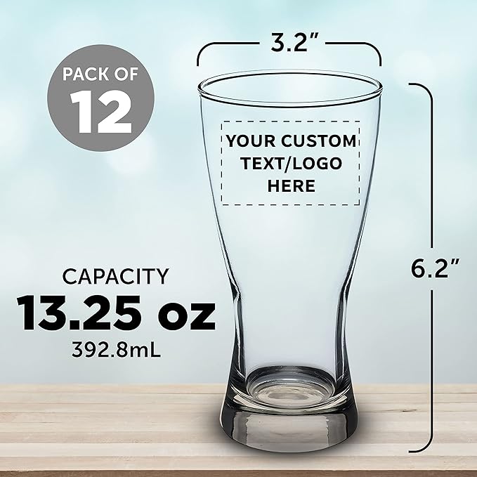 Custom Pilsner Glasses 13.25 oz. Set of 12, Personalized Bulk Pack - Made in the USA, Perfect for Hotels, Restaurants, Bars and Even Party Favors - Clear