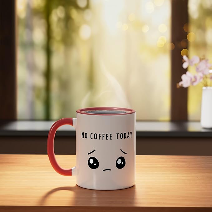 No Coffee Today - Minimalist Sad Face Caffeine Lover Ceramic Mug, Red/White