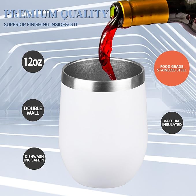 12oz Wine Tumbler with lid, Stainless Steel Travel Mugs Stemless Double Wall Insulated Coffee Cup, Insulated Wine Glasses Travel Tumbler for Cold & Hot Drinks(White, 1)