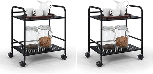 SunnyPoint 2-Tier Metal Rolling Utility Cart – Mobile Storage Shelf with Caster Wheels – Small Space Organizer for Home, Office, Bedroom, Kitchen (BLK) (Pack of 2)