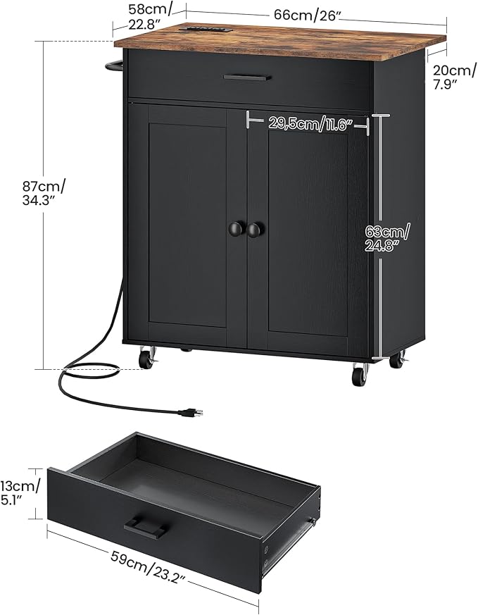Kitchen Island, Kitchen Island Cart with One Double Cabinet and Drawer, Rolling Storage Cart with Power Strip, with Drop Leaf, for Kitchen, Living Room, Black and Rustic Brown MZD01UBFN1