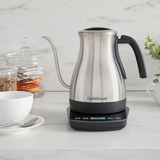 Chef'sChoice Electric Kettle Gooseneck Style Perfect for Pour-Overs Stainless Steel Construction 1200 Watts with Auto-Shutoff & Boil-Dry Protection, 1-Quart, Silver