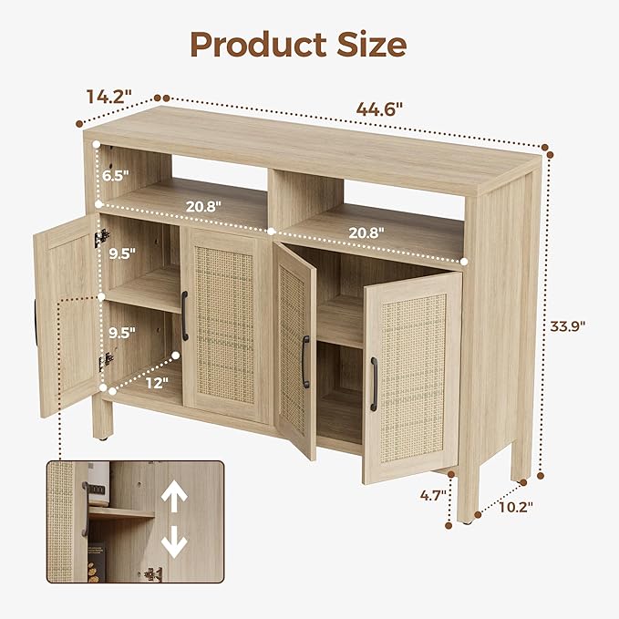 Mericonia Rattan Buffet Cabinet with Storage, Sideboard with Doors, Console Table, Farmhouse Coffee Bar, Modern Wood Storage Cabinets TV Stand(Oak 2.0)