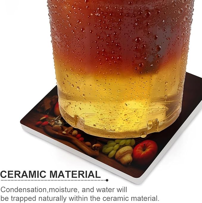 Square-6PCS Red Wine Drink Coasters, Square Modern Ceramic Absorbent Coasters, Retro Red Wine Bottle and Grapes Fruit Basket Pattern Decor Desk Coffee Table Coaster for Beverage Cup Tea Coasters
