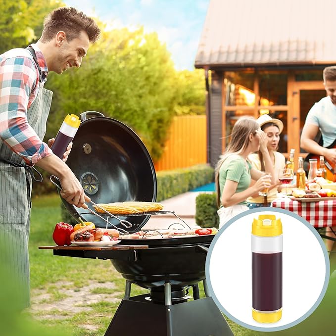 Didaey 4 Pcs Squeeze Bottles Refillable 20 oz, Inverted Plastic Tip Large Valve Dispenser Condiment Squeeze Bottle for Sauces Ketchup Sour Cream Self Sealing Syrup Dispenser for Restaurants (Yellow)