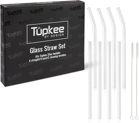 Tupkee Reusable Glass Straws - 8 Pack Clear Glass Drinking Straws 20-Ounce Double Wall Glass Travel Tumbler – Includes 4 Straight and 4 Bend 9” x 1cm Glass Straws with 3 Cleaning Brushes
