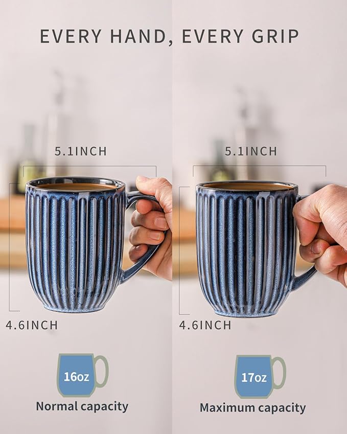 HASENSE Coffee Mugs Set, 16 oz Ceramic Coffee Cups, Ribbed Tea Cup Set of 4, Dishwasher & Microwave Safe, Wedding, Housewarming Gift, Navy Blue