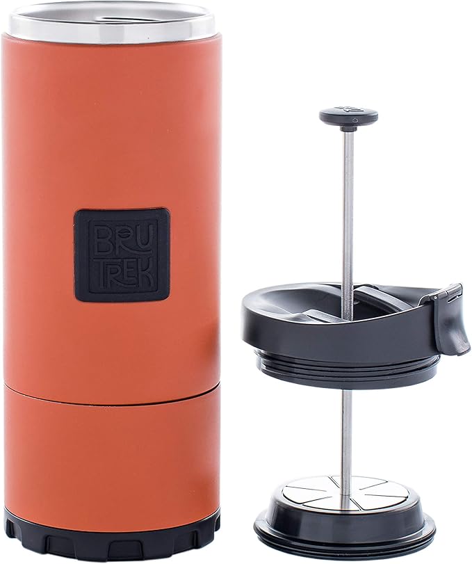 BruTrek OVRLNDR Travel Coffee French Press, 24 fl.oz Drinkable Capacity, Vacuum Insulated, Easy To Clean Removable Bottom, No Spill Lid, On The Go Coffee Brewing (Red Rock)