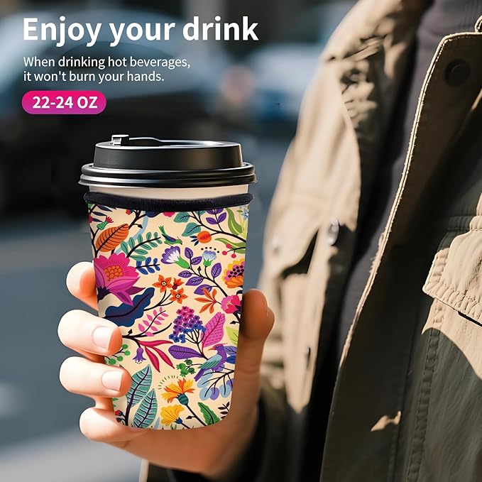 Reusable Neoprene Insulator Sleeve for Iced Coffee Cups, Medium 22-28oz Durable Drink Sleeve for Cold Beverages, Cute Beverage Holder Cup Sleeve for Women Men Boho Pink Floral